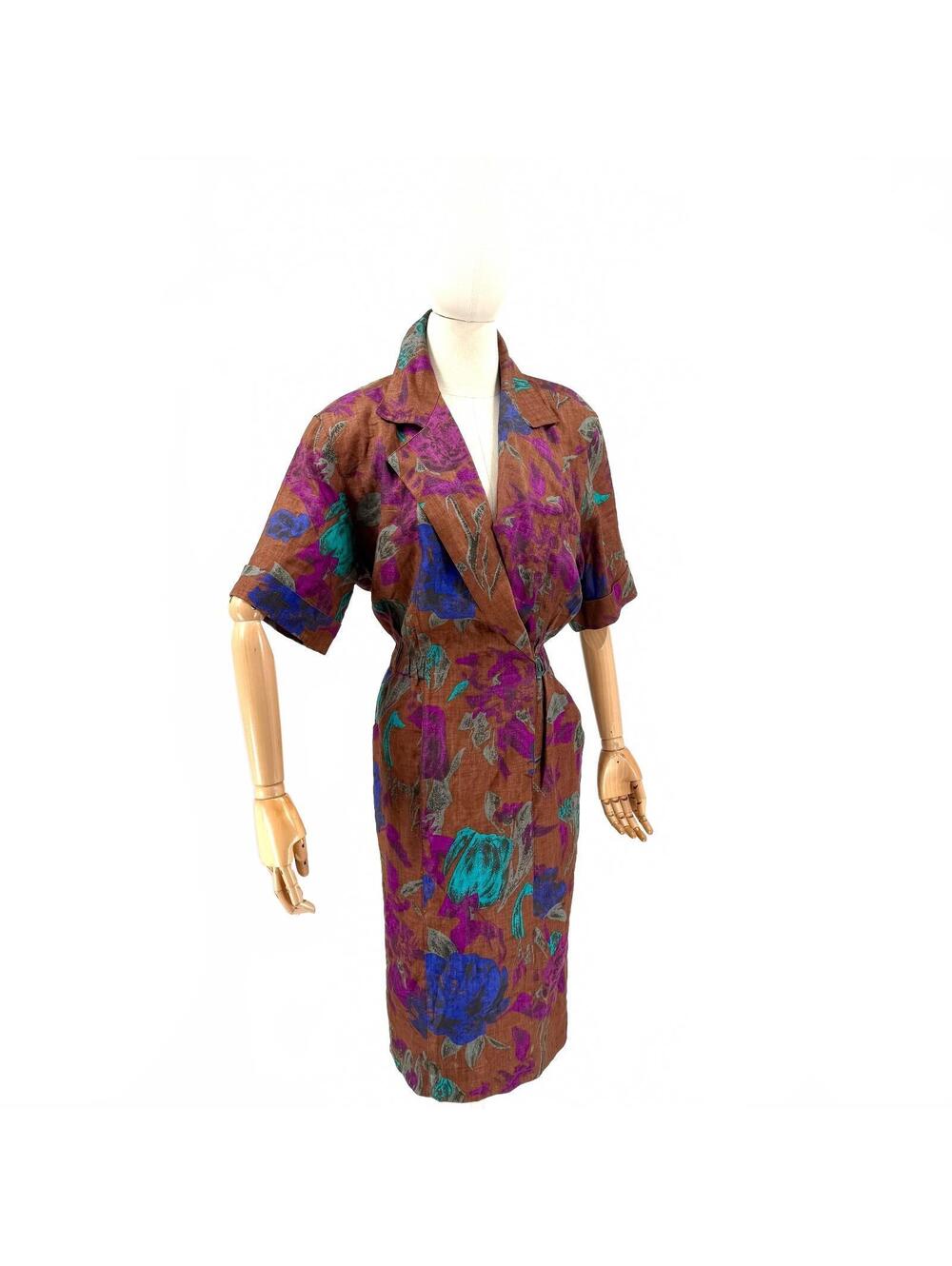 Vintage 80s JG Hook Brown Purple 100% Linen Wrap Dress